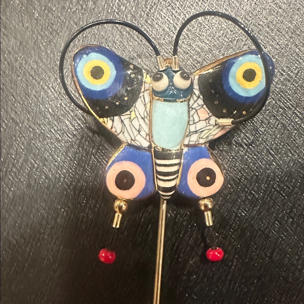 RARE🦋JEWELRY 10 ENAMELED PORCELAIN BUTTERFLY STICK PIN IN BLUE, PINK AND GOLD - Picture 2 of 6